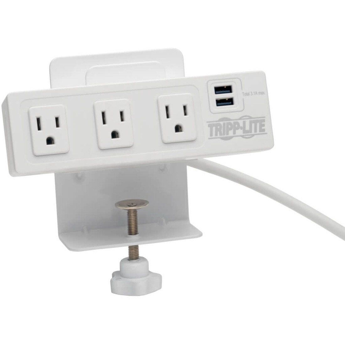 Tripp Lite by Eaton 3-Outlet Surge Protector with 2 USB Ports 10 ft. (3.05 m) Cord - 510 Joules Desk Clamp White Housing