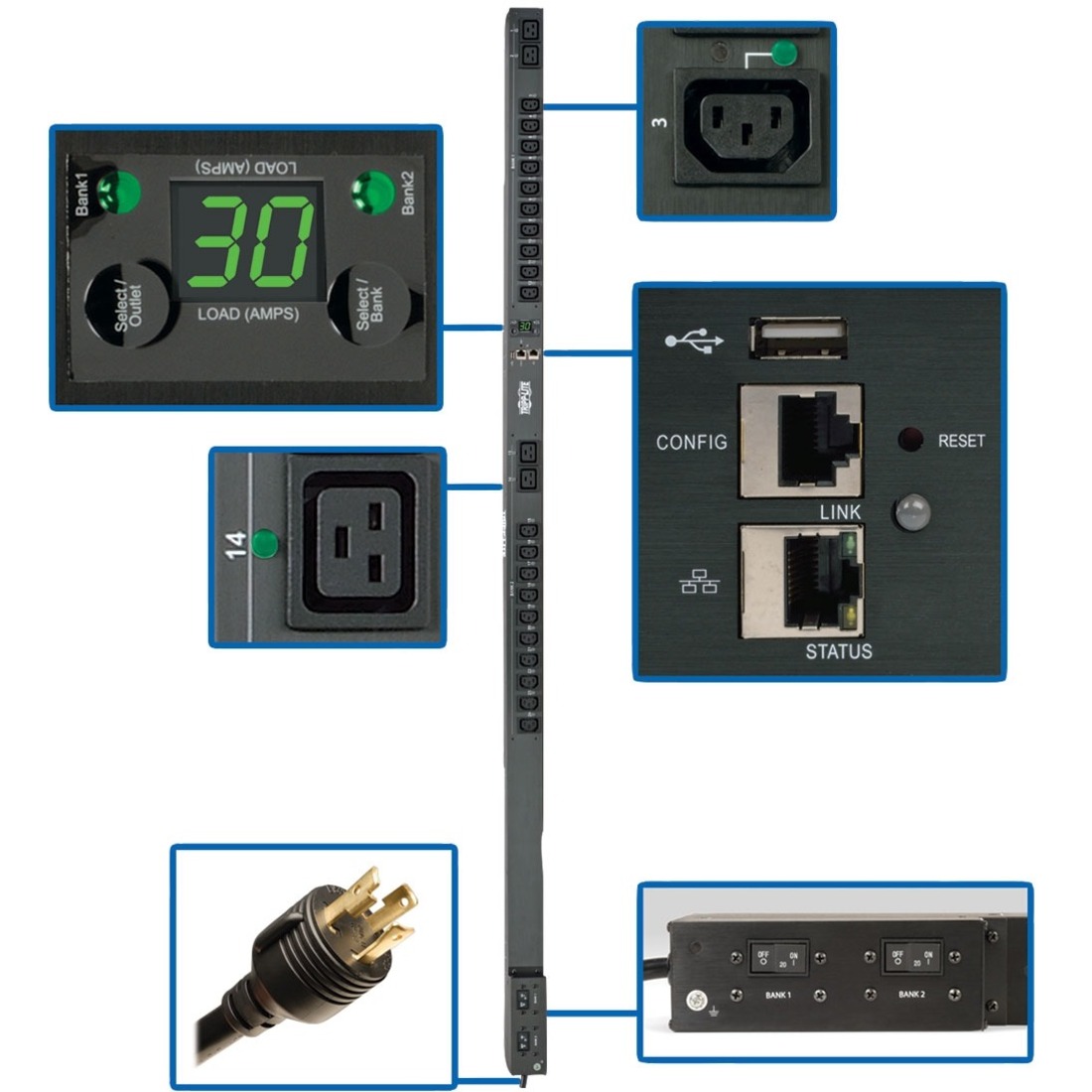 Tripp Lite by Eaton PDU 5.5kW Single-Phase Switched PDU Outlet Monitoring 208/230V Outlets (20 C13 & 4 C19) 0U LX Interface TAA