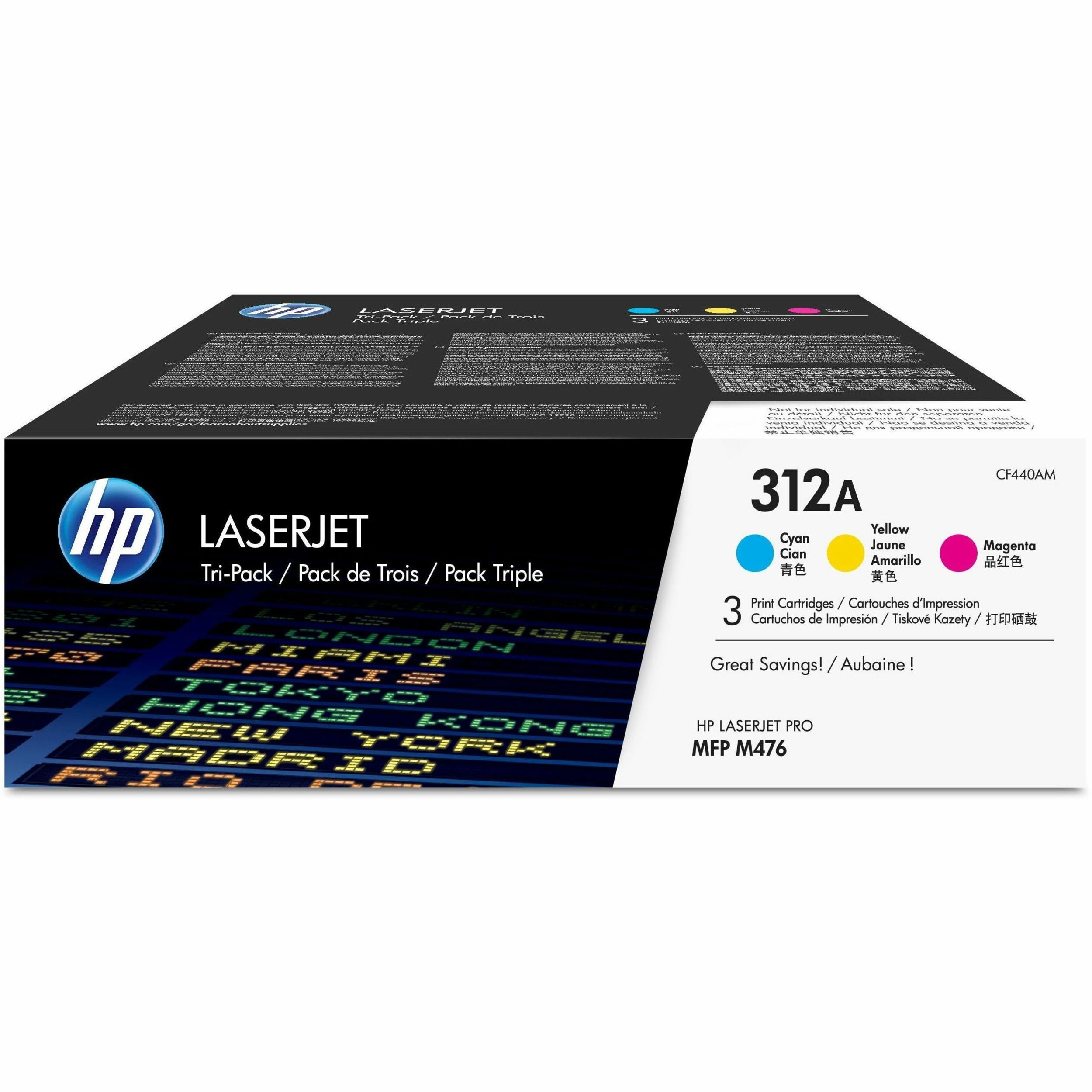 HP 312A (CF440AM) Original Standard Yield Laser Toner Cartridge - Tri-pack - Cyan, Magenta, Yellow - 1 Carton