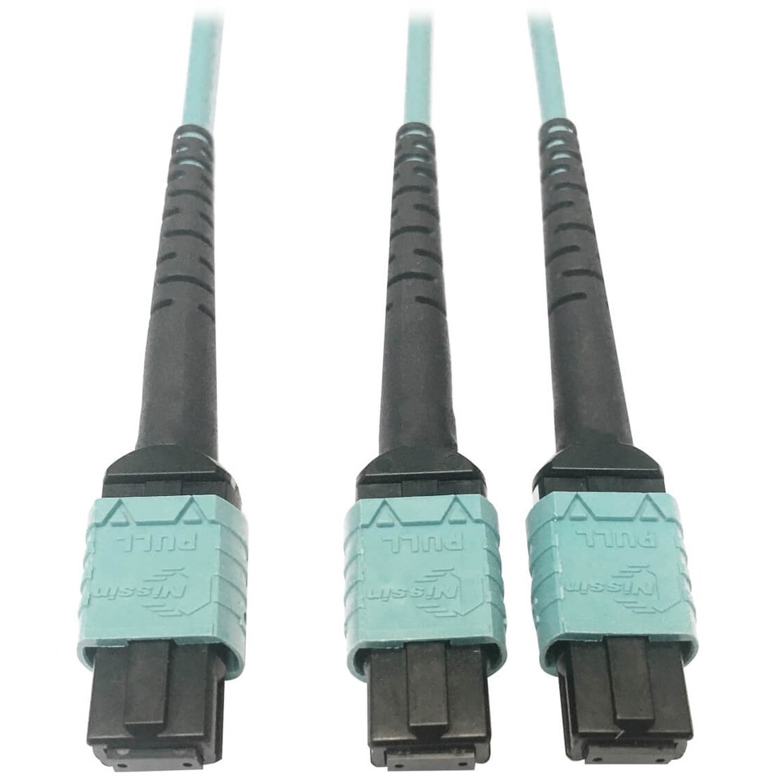 Eaton Tripp Lite Series 400G Multimode 50/125 OM4 Plenum Fiber Optic Cable, 24F MTP/MPO-PC to (x2) 12F MTP/MPO-PC (F/F), Aqua, 1 m