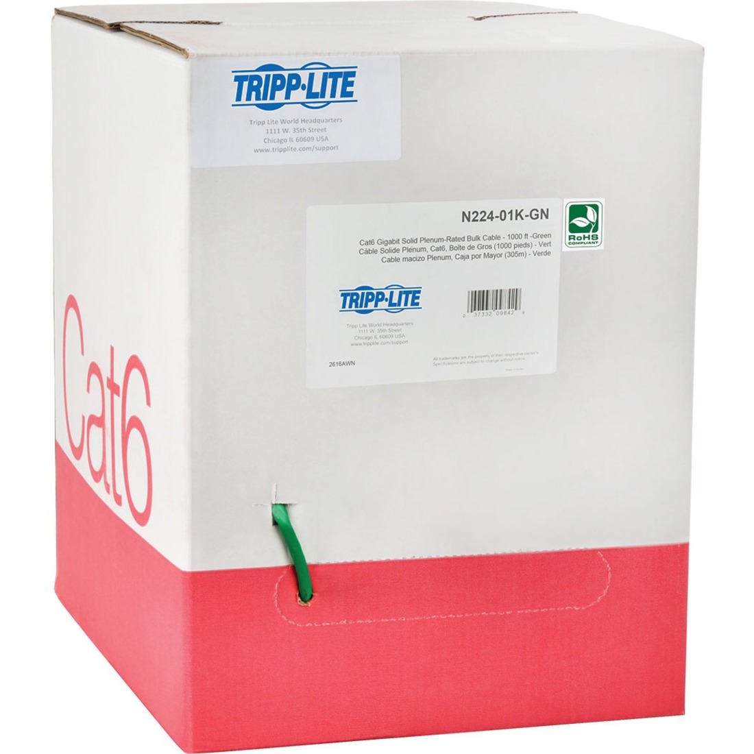 Tripp Lite by Eaton Cat6 Gigabit Solid Core Plenum-Rated UTP CMP PVC Bulk Ethernet Cable Green 1000 ft. (304.8 m)
