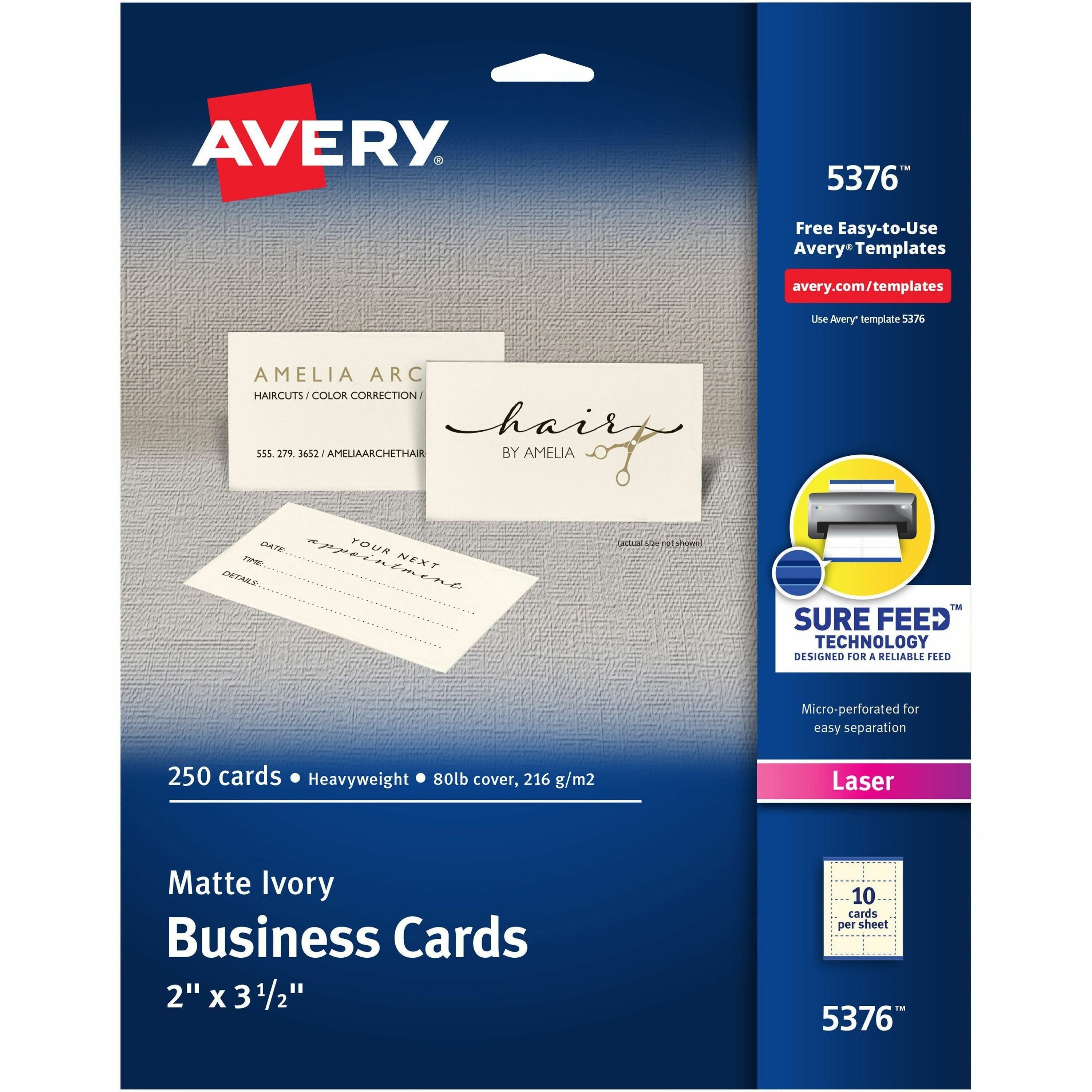 Avery&reg; 2" x 3.5" Ivory Business Cards, Sure Feed Technology, Laser, 250 Cards (5376)