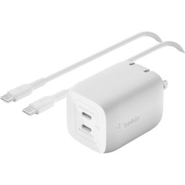 Belkin 65W Portable Dual Port GaN Wall Charger - 2xUSB-C (65W Total) - w/ USB-C to USB-C Cable - Fast Charging - Power Adapter - White