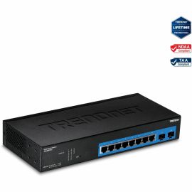 TRENDnet 10-Port Gigabit Web Smart Switch; 20 Gbps Switching Capacity; 8 x RJ-45 Ports; 2 x SFP; Slots; VLAN; QoS; LACP; IPv6 Support; Fanless; Rack Mountable; Lifetime Protection; TEG-082WS