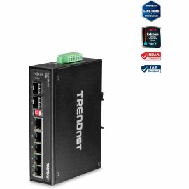 TRENDnet 6-Port Hardened Industrial Gigabit DIN-Rail Switch, 12 Gbps Switching Capacity, IP30 Rated Metal Housing -40 to 75 C (-40 to 167 F),DIN-Rail & Wall Mounts Included, Lifetime Protection, Black, TI-G62