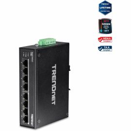 TRENDnet 8-Port Hardened Industrial Gigabit DIN-Rail Switch, 16 Gbps Switching Capacity, IP30 Rated Metal Housing (-40 to 167 ?F), DIN-Rail & Wall Mounts Included, Lifetime Protection, Black, TI-G80