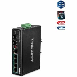 TRENDnet 6-Port Hardened Industrial Gigabit Poe+ Layer 2 Managed DIN-Rail Switch, 4 x Gigabit PoE+ 802.3at Ports, 1 x Gigabit Port, 1 x Gigabit SFP Slot, 120W Power Budget, Black, TI-PG541i