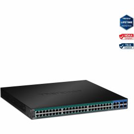 TRENDnet 52-Port Gigabit Web Smart PoE+ Switch, 48 Gigabit PoE+ Ports, 4 Shared Gigabit Ports (RJ-45 Or SFP), 370W PoE Power Budget, 104Gbps Switching Capacity, Lifetime Protection, Black, TPE-5240WS