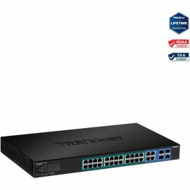 TRENDnet 28-Port Web Smart PoE+ Switch; 24 x Gigabit PoE+ Ports; 4 x Shared Gigabit Ports (RJ-45 or SFP); VLAN; QoS; LACP; IPv6 Support; 370W PoE Power Budget; Lifetime Protection; TPE-5028WS