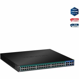 TRENDnet 52-Port Web Smart PoE+ Switch; 48 x Gigabit PoE+ Ports; 4 x Shared Gigabit Ports (RJ-45 or SFP); VLAN; QoS; LACP; IPv6 Support; 740W PoE Power Budget; Lifetime Protection; TPE-5048WS