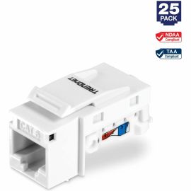 TRENDnet Cat6 Keystone Jack, 25-Pack Bundle, 90 Angle Termination, Compatible With Cat5, Cat5e, Cat6 Cabling, Color-Coded Labeling, Gold-Plated Contacts, Tool-less Design, White, TC-K25C6