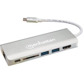 Manhattan USB-C Dock/Hub with Card Reader, Ports (x5): Ethernet, HDMI, USB-A (x2) and USB-C, With Power Delivery to USB-C Port (60W), Cable 13cm, Aluminium, Grey, Three Year Warranty, Retail Box