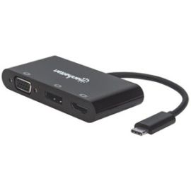 Manhattan USB-C Dock/Hub, Ports (x3): DisplayPort, HDMI and VGA, With MST, Cable 15cm, Black, Three Year Warranty, Blister