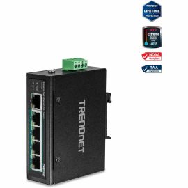 TRENDnet 5-Port Industrial Fast Ethernet DIN-Rail Switch, 4 x Fast Ethernet PoE+ Ports, 1 x Fast Ethernet Port, 90W PoE Power Budget, DIN-Rail, IP30 Rated, Lifetime Protection, Black, TI-PE50