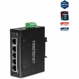 TRENDnet 5-Port Industrial Unmanaged Fast Ethernet DIN-Rail Switch, 5 x Fast Ethernet Ports, IP30, Operating Temperature Range of (- 40 - 75 C (- 40 - 167 F), Lifetime Protection, Black, TI-E50