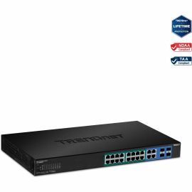 TRENDnet 20-Port Gigabit Web Smart 370W PoE+ Switch; TPE-1620WSF; 16 Gigabit PoE+ Ports; 4 Shared Gigabit Ports(RJ-45 or SFP); 370W PoE Budget;Managed PoE+ Ethernet Network Switch; Lifetime Protection