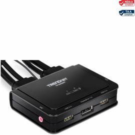 TRENDnet 2-Port 4K DisplayPort 1.2 KVM Switch with Audio, 4K UHD (3840 x 2160@60Hz), 3.5mm Speaker/Microphone, USB 2.0, Integrated Cables, Black, TK-220DPI