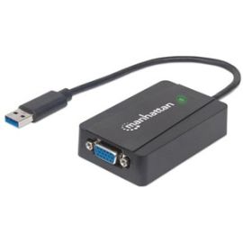 Manhattan USB-A to SVGA Converter Cable, 26cm, Male to Female, 5 Gbps (USB 3.2 Gen1 aka USB 3.0), 2048x1152 @ 32-bit colour, Bus Powered, SuperSpeed USB, Black, Three Year Warranty, Blister