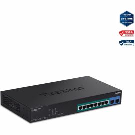 TRENDnet 10-Port Gigabit Web Smart PoE+ Switch with 8 Gigabit PoE+ Ports, 2 SFP Slots, 130W PoE Budget, VLAN, QoS, LACP, IPv4/IPv6 Static Routing, Black, TPE-1021WS