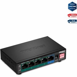 TRENDnet 5-Port Gigabit PoE+ Switch, Camera DIP Switch extends PoE+ 200m (656 ft.), 60W PoE Budget, Black, TPE-TG51g