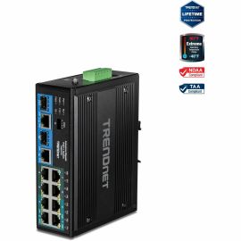 TRENDnet 10-Port Hardened Industrial Unmanaged Gigabit PoE ++ DIN-Rail Switch, 4 Gigabit PoE++ Ports, 4 Gigabit PoE+, 2 Gigabit Share Ports SFP or RJ-45, 360W Power Budget, Black, TI-BG104