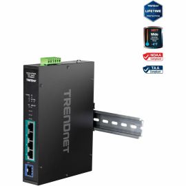 TRENDnet 5-Port Industrial Gigabit PoE+ Switch, Wide Temperature Range -20 - 65C (-4 - 149F), DIN-Rail Switch, 50-55V DC, 4 x Gigabit PoE+ Ports, 1 x Gigabit SFP Slot, TI-PGM541, Black