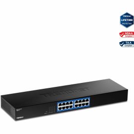 TRENDnet 16-Port Gigabit Switch, TEG-S17, 16 x Gigabit RJ-45 Ports, 32Gbps Switching Capacity, Fanless Design, Metal Enclosure, Internal Power Supply, Lifetime Protection, Black