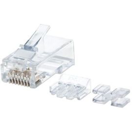 CAT6 RJ45 MODULAR PLUG. 50 GOLD-PLATED CONTACTS. THREE-PRONG TERMINAL FOR SOLID