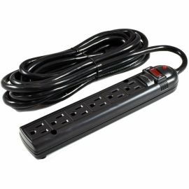 THIS 6 OUTLET PLASTIC POWER STRIP HAS 750 JOULES, EMI/RFI FILTER AND A 25FT POWE