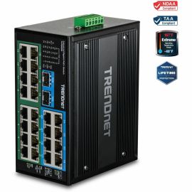 TRENDnet 26-Port Hardened Industrial Unmanaged Gigabit DIN-Rail Switch, TI-PG262, 16 x Gigabit PoE+ Ports, 8 x Gigabit RJ-45 Ports, 2 x SFP Ports, IP30, Lifetime Protection, Black