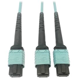 Eaton Tripp Lite Series 400G Multimode 50/125 OM4 Plenum Fiber Optic Cable, 24F MTP/MPO-PC to (x2) 12F MTP/MPO-PC (F/F), Aqua, 1 m