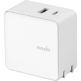 COMPACT PD 3.0 WALL CHARGER WITH USB-C AND USB-A PORTS CHARGES TWO DEVICES SIMUL