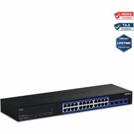 TRENDnet 24-Port Gigabit Switch with 2 X 10G SFP+ Slots; Fanless Design; 19? 1U Rack mountable; TEG-30262
