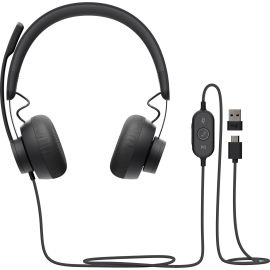 Logitech Zone 750 Wired On-Ear Headset with advanced noise-canceling microphone, simple USB-C and included USB-A adapter, plug-and-play compatibility for all devices