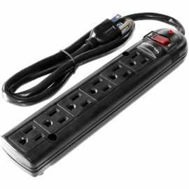 6-OUTLET BLACK PLASTIC SURGE PROTECTOR W/ FULL 3 LINES SURGE; 750 JOULES; EMI/RF
