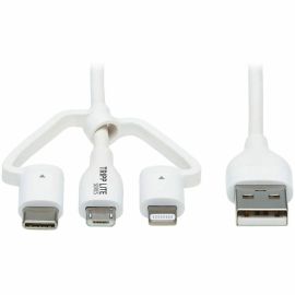 Eaton Tripp Lite Series Safe-IT Universal USB-A to Lightning, USB Micro-B and USB-C Sync/Charge Antibacterial Cable (M/3xM), MFi Certified, White, 4 ft. (1.2 m)