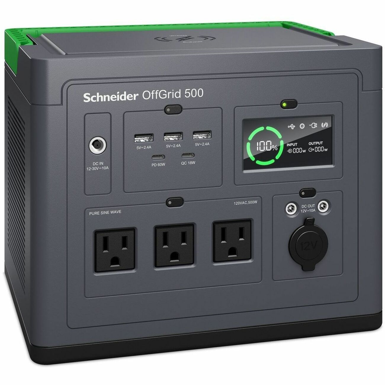 Schneider OffGrid Portable Power Station 500, 120V, 517Wh Lithium-ion, LCD, 3 NEMA, Sinewave, 3 USB-A, 2 USB-C, Wireless Charger