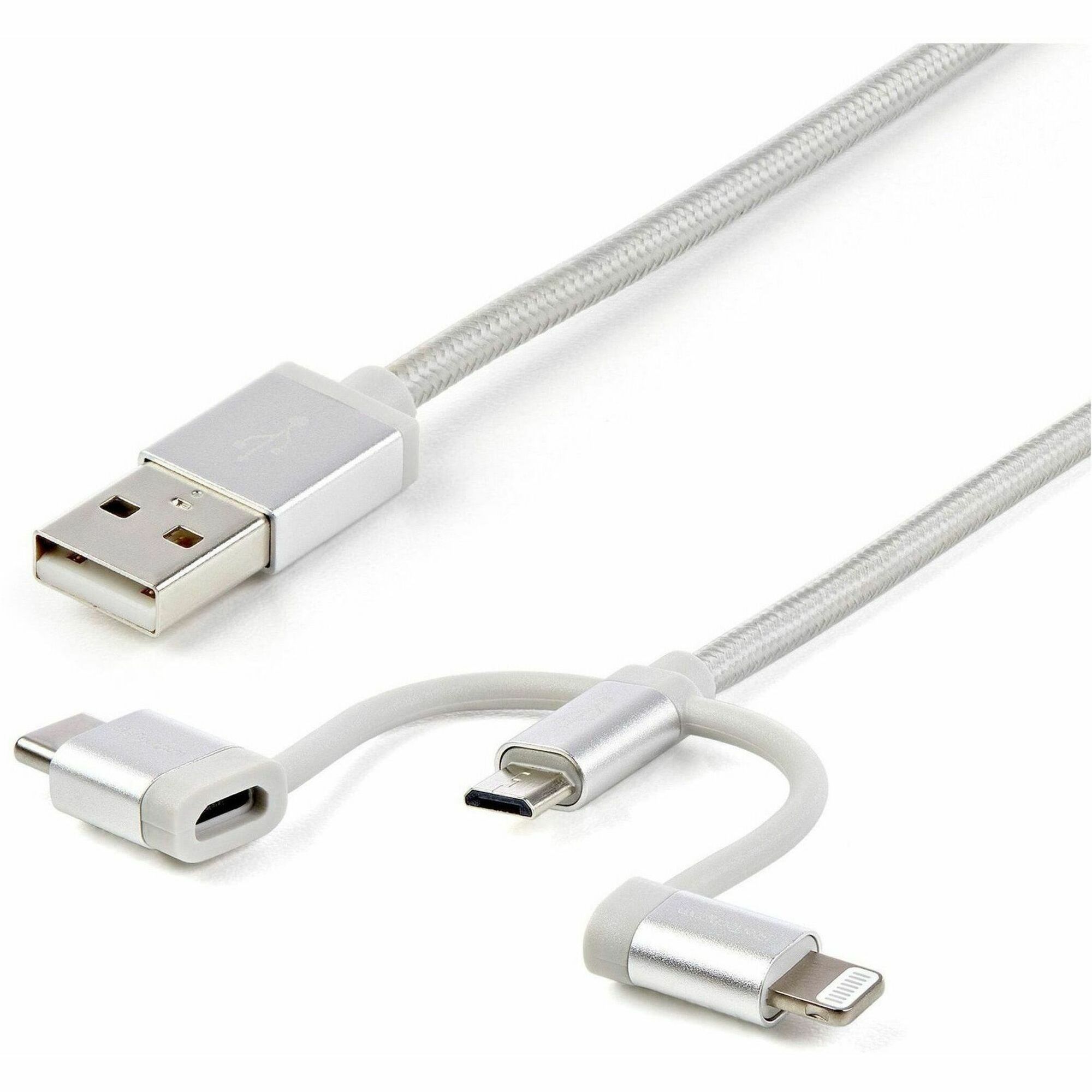 StarTech 1m USB Multi Charging Cable - Braided - Apple MFi Certified - USB 2.0 - Charge 1x device at a time - For USB-C or Lightning devices attach the corresponding connector of the cable to the Micro-USB connector and plug into your device - For Micro-USB devices plug the middle connector into your device