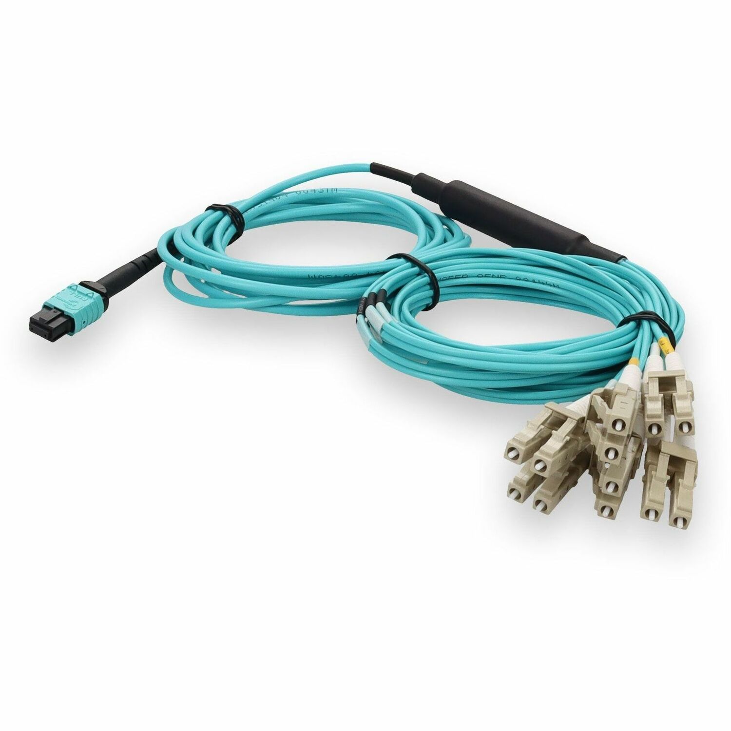AddOn 3m MPO/UPC to 6xLC/UPC Duplex Aqua OM4 Armored OFNP (Plenum-Rated) 12-Strand Fiber Fanout Cable, MMF (Multi Mode), 50/125