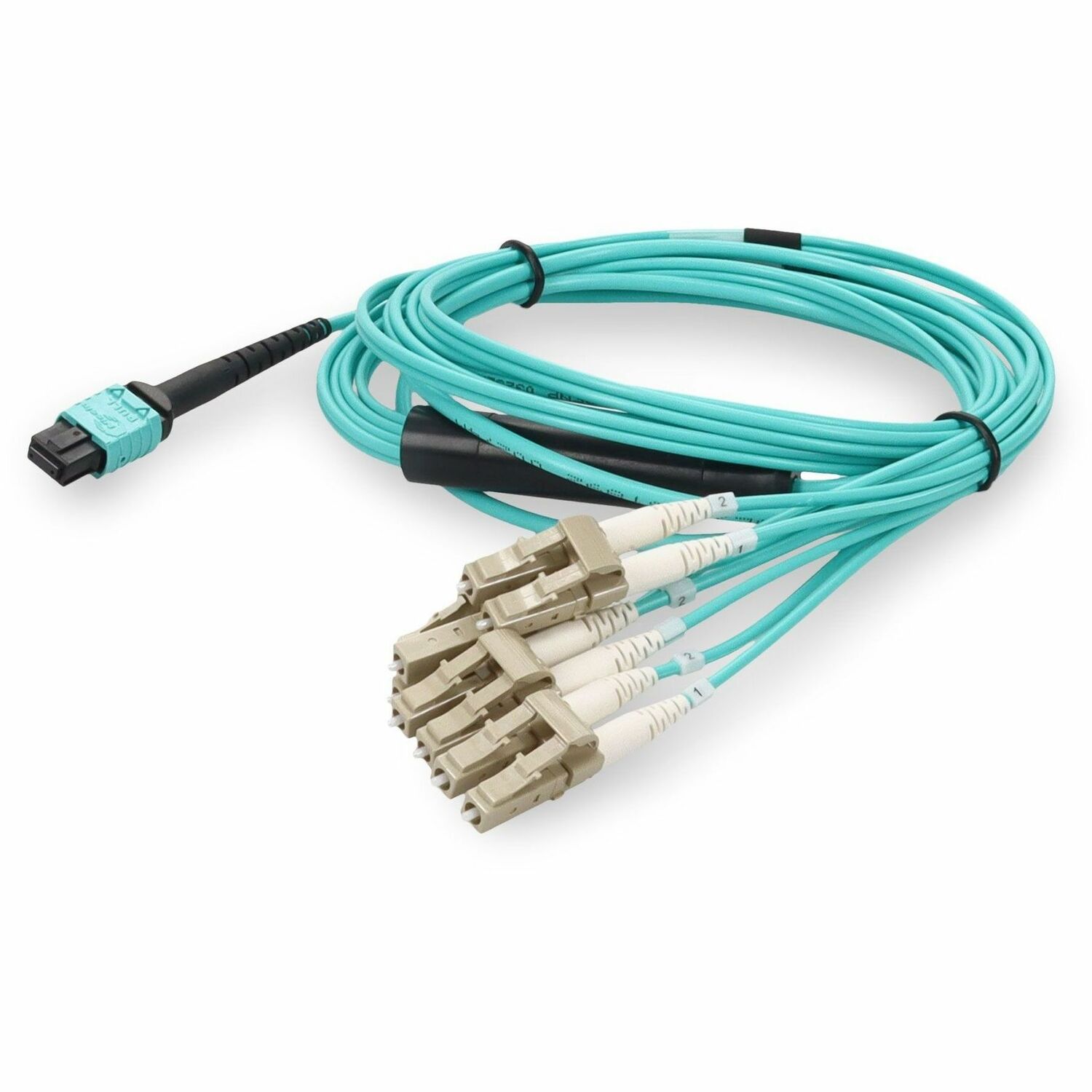 AddOn 10m MPO/UPC to 4xLC/UPC Duplex Aqua OM4 OFNR (Riser-Rated) 8-Strand Fiber Fanout Cable with 5m Breakout Legs