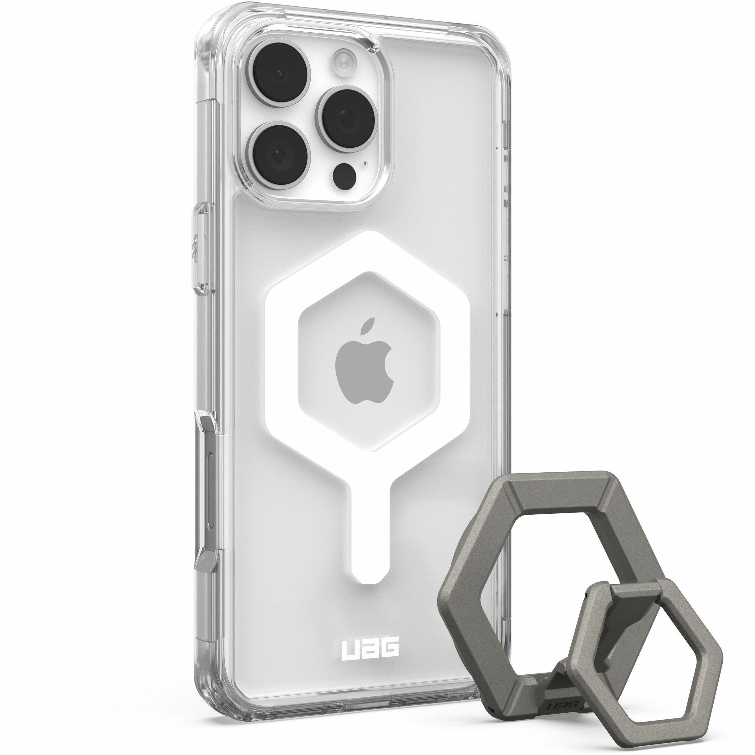 Urban Armor Gear iPhone 16 Pro Max - Plyo MagSafe Ice White Case + Titanium Ring Stand - Bundle