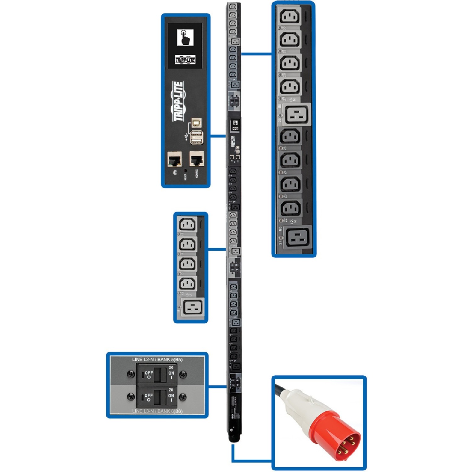 Tripp Lite by Eaton PDU 28.8kW 220-240V 3PH Switched PDU - LX Interface Gigabit 30 Outlets IEC 309 63A Red 380-415V Input LCD 1.8 m Cord 0U 1.8 m Height TAA