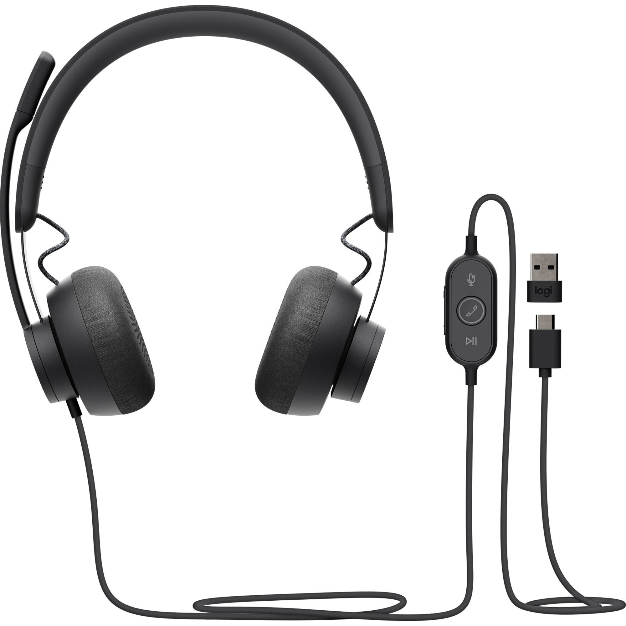 Logitech Zone 750 Wired On-Ear Headset with advanced noise-canceling microphone, simple USB-C and included USB-A adapter, plug-and-play compatibility for all devices