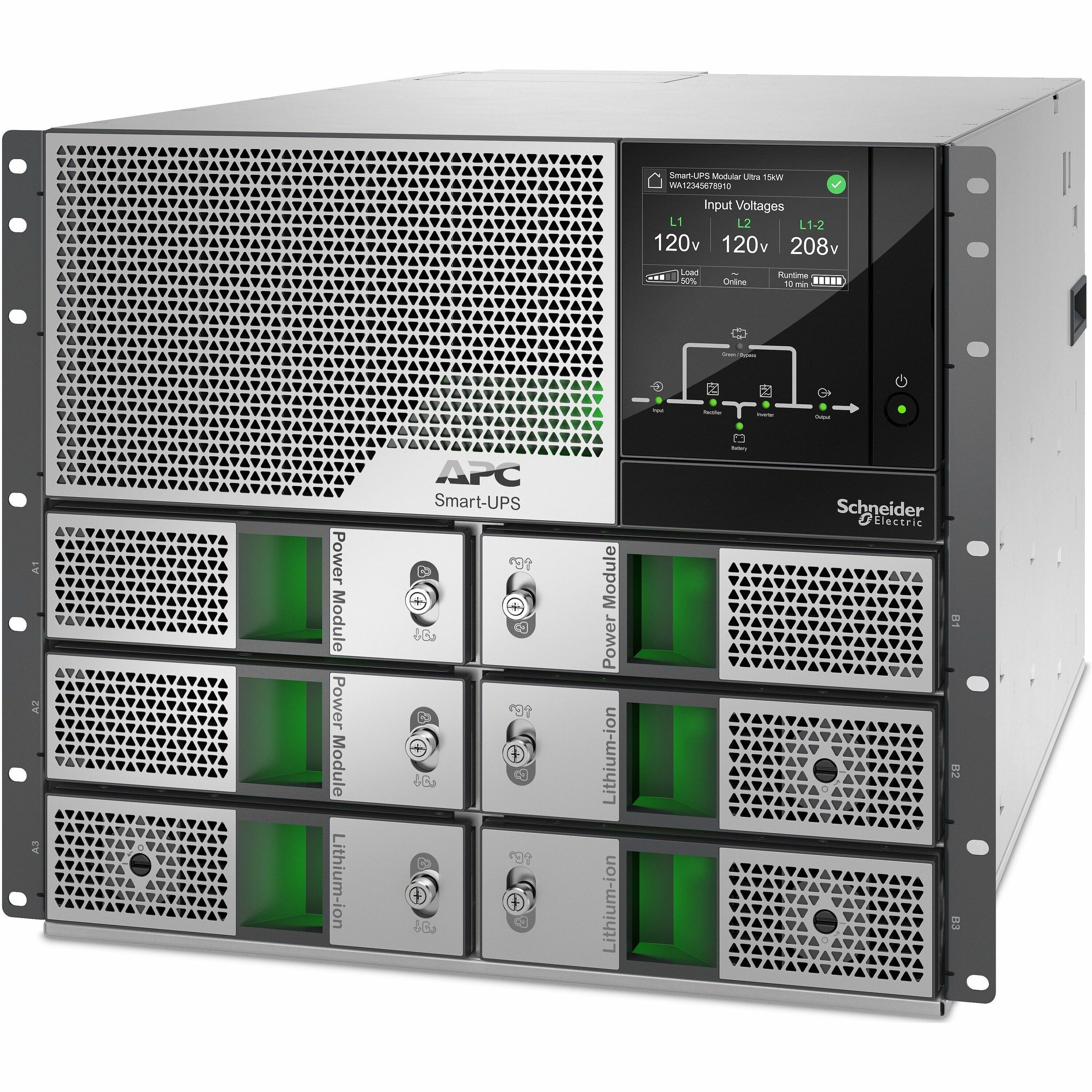 APC Smart-UPS Modular Ultra On-Line, 15kW, Lithium-ion, Rackmount 9U, 208/240V, Network Management, Extended runtime, W/rail kit