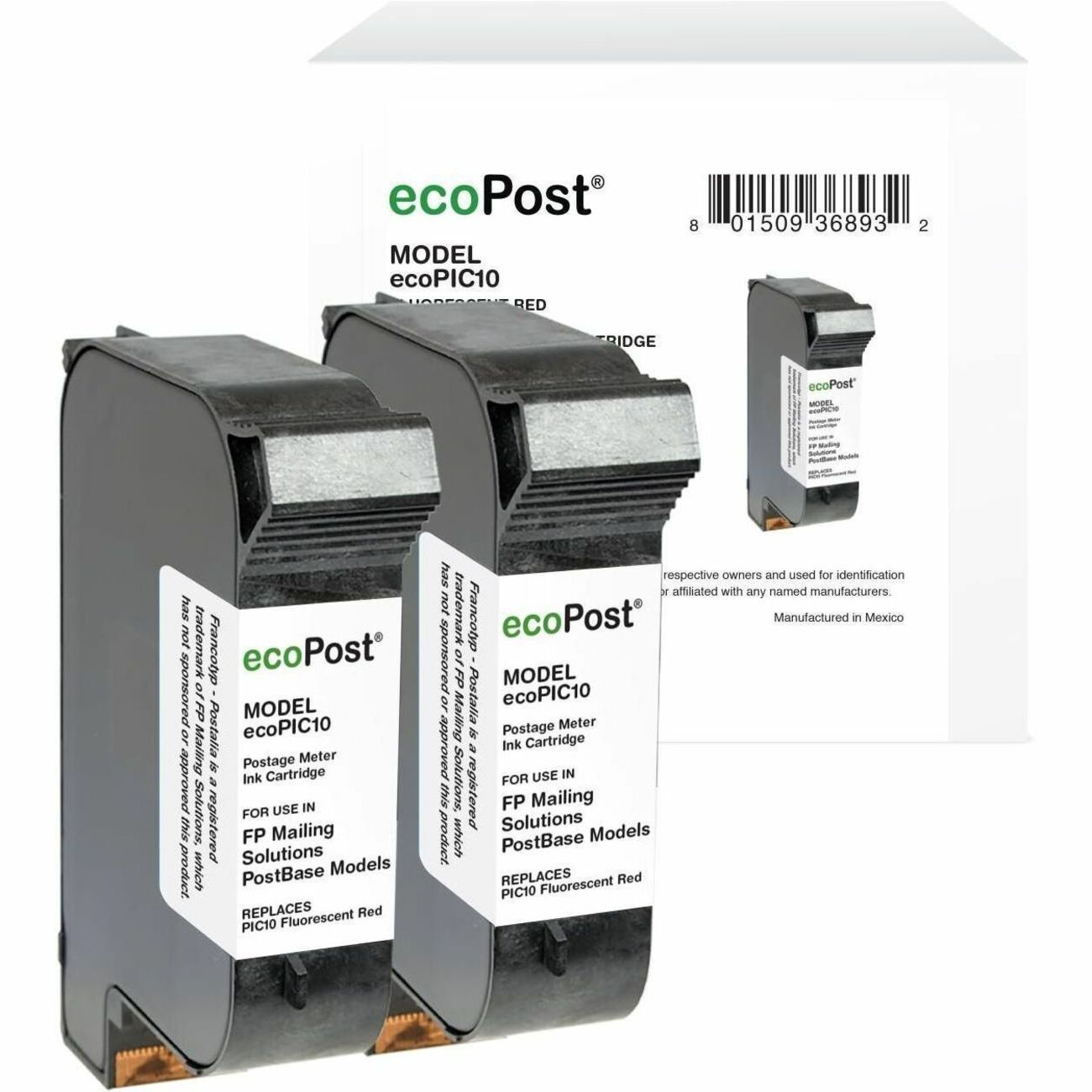 ecoPost Remanufactured Postage Meter Fluorescent Red 2 Pack Ink Cartridge for FP Mailing Solutions PIC10