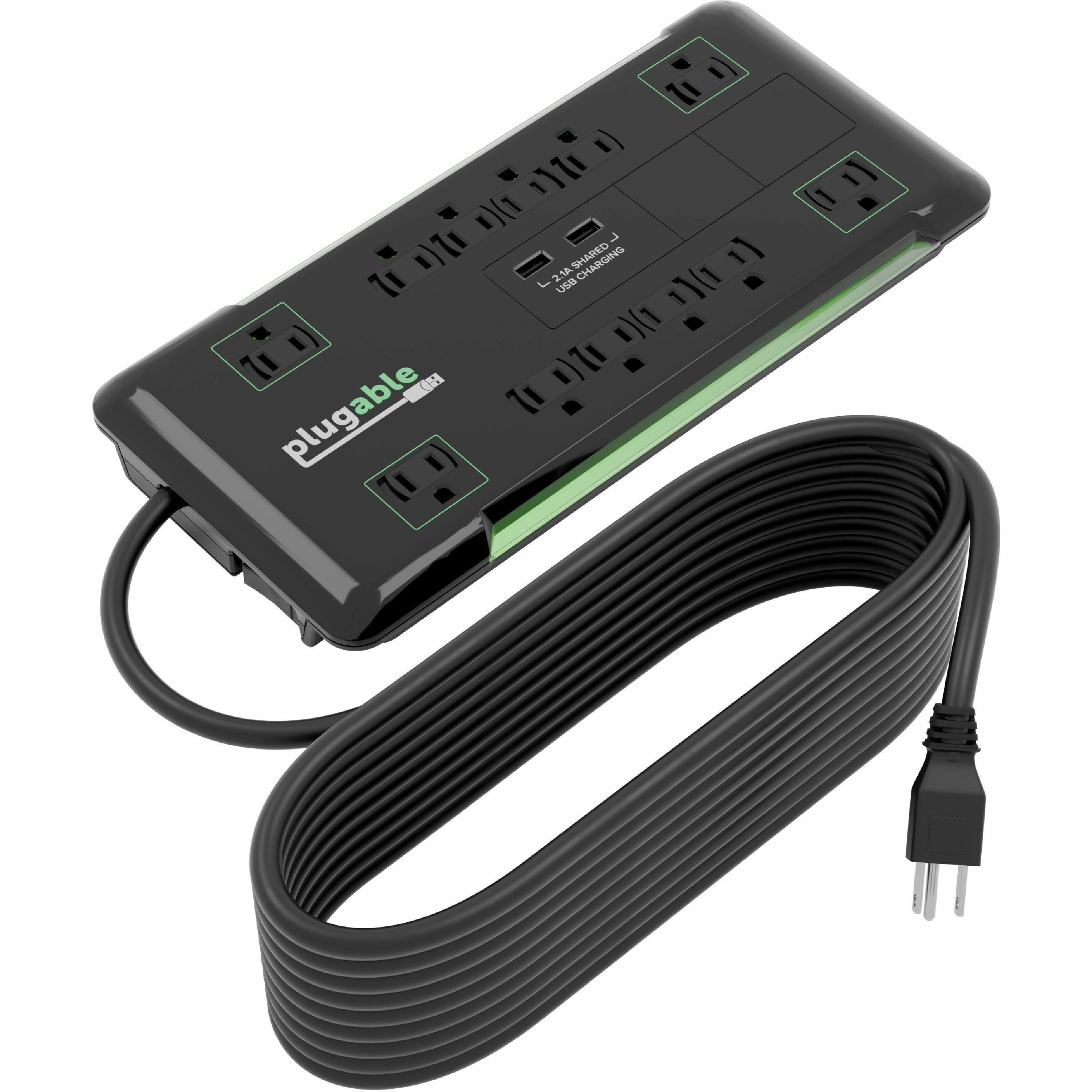Plugable 12 Outlet Power Strip 4320 Joules Surge Protection, Built-in 10.5W 2-Port USB Charger for Android and Apple Phones, Mobile Devices, 25 Foot Cable