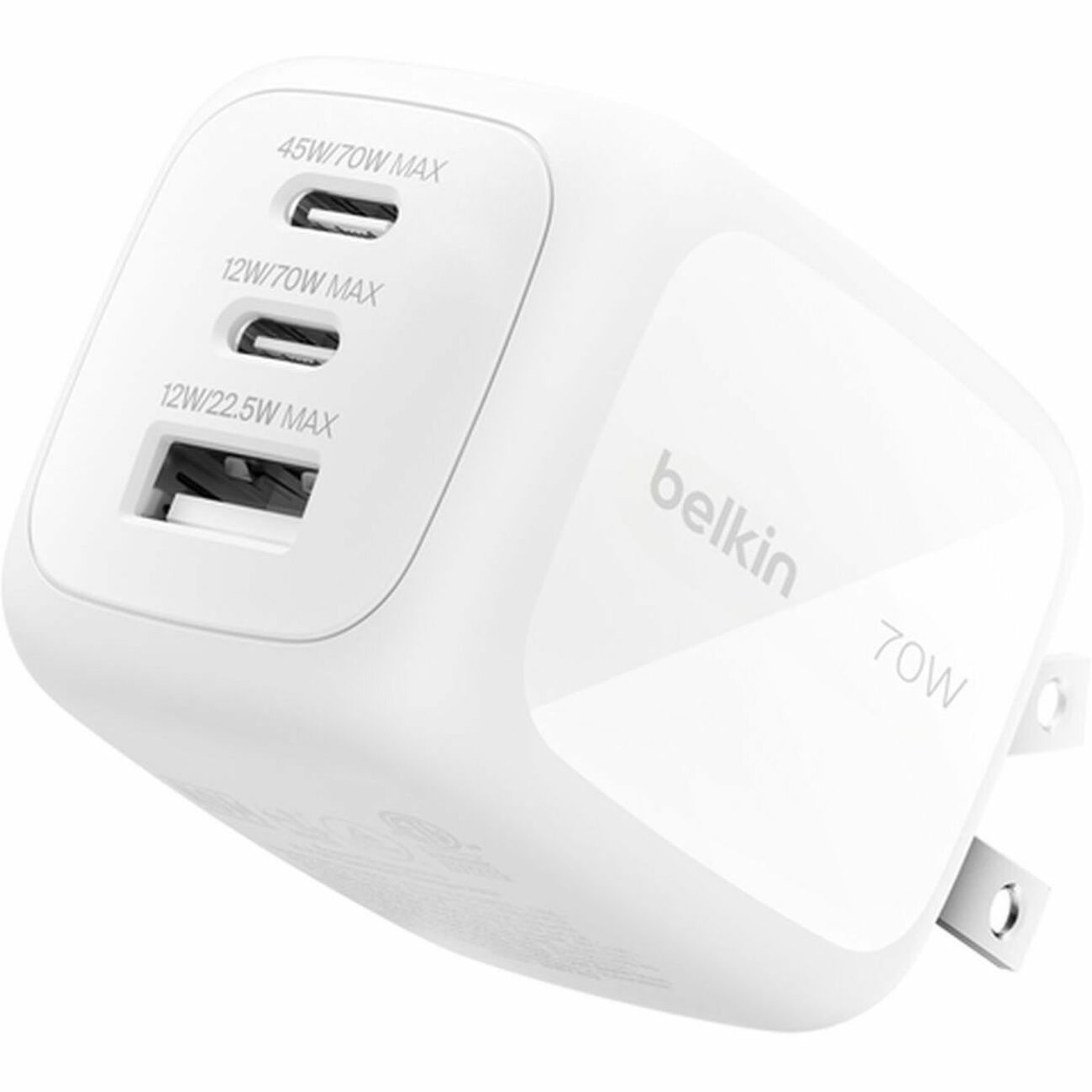 Belkin 70W GaN 3-Port USB Wall Charger - 1xUSB-A, 2xUSB-C - Foldable Prongs - Power Adapter - White
